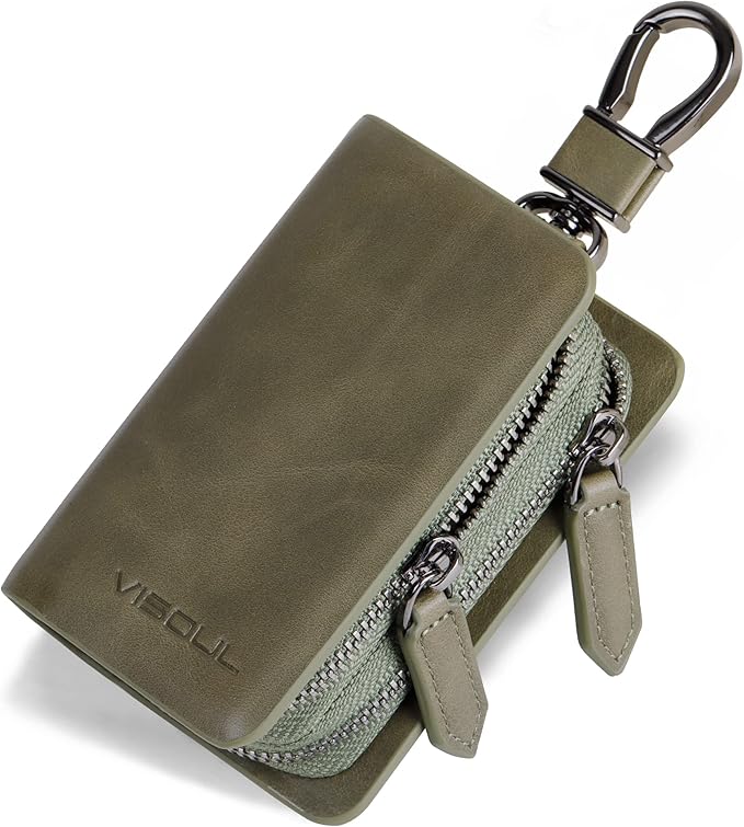 VISOUL Car Key Case Holder Double Zipper, Leather Car Smart Key Fob Case with Keychain for Men and Women