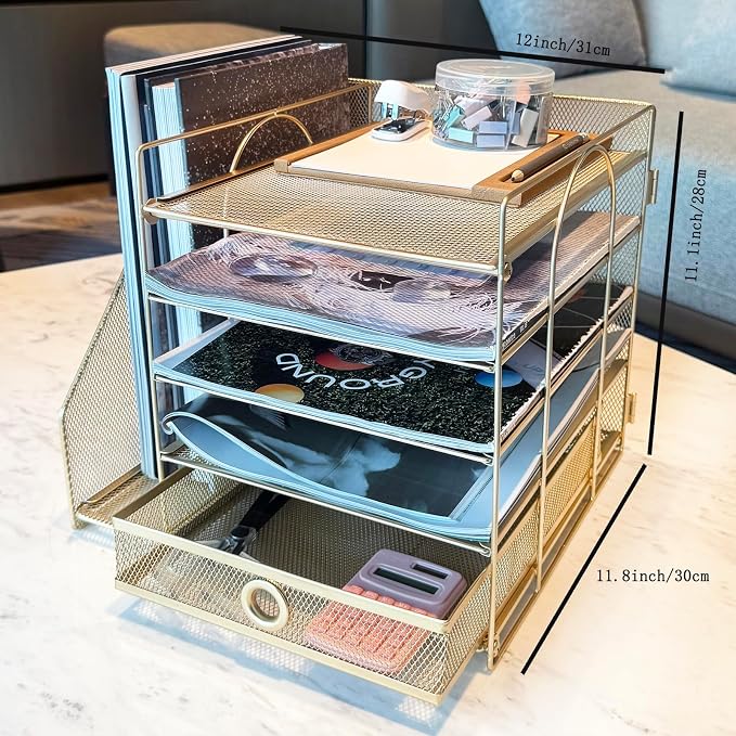5-Tier Paper Letter Organizer with File Holder, Desk Organizer with Drawer, Mesh Desktop Storage with Magazine Holder for Office Supplies (Golden)