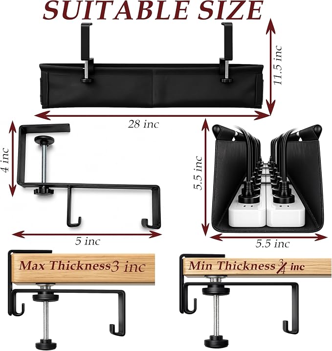 Under Desk Cable Management Tray, 28", Black Standing Under Cable | No Drill, Fabric Cord Organizer with Reinforced Base, Clamp Mount Wire Management, For Office/Home & Standing Desk