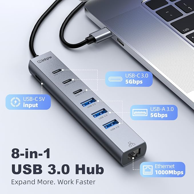 intpw USB C Hub with Ethernet, 8-Port USB Hub 3.0 Multiport Hub with 3 USB-C &3 USB-A Port 5Gbps,USB Splitter, Gigabit Ethernet, Aluminum USB Extender Hub Long Cable for MacBook, Desktop, Laptop, PC