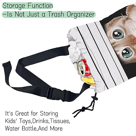 Cute Cat Car Garbage Bag,Waterproof Small Car Trash Bag Hanging Back of Seat,Drawstring Hanging Car Trash Bag with Adjustable Buckle for Car Accessories
