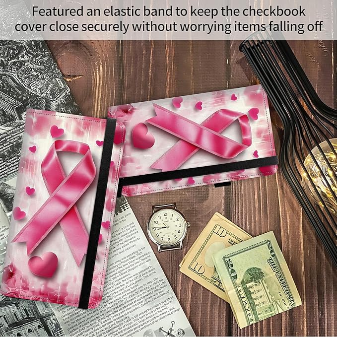 FUYOCWE Checkbook Covers for Personal Checkbook,RFID Blocking Leather Check Book Covers Wallet with Pen Holder & Card Slot for Women -Pink Ribbon Breast Cancer Awareness