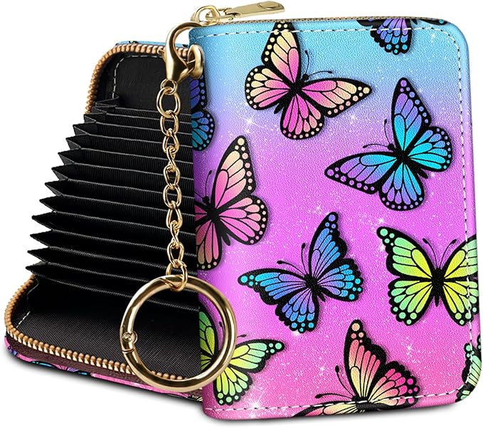 Credit Card Holder RFID Wallet, Small Card Holder Wallet for Women with Keychain Zipper, Funny Leather Print Credit Card Wallets Accordion Gift