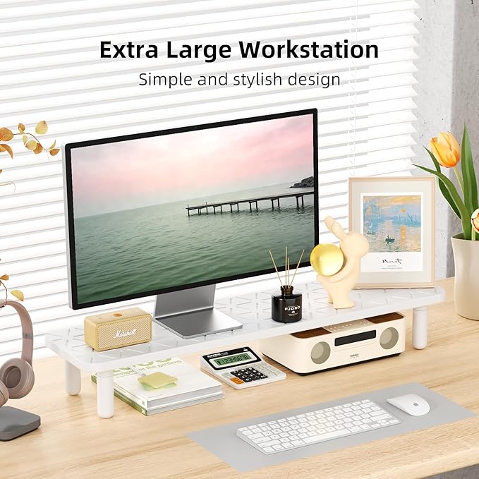 AFOOYO Dual Monitor Stand For Desk,31 Inch Adjustable Wood Computer Riser Desktop Storage Stand For Computer,Laptop,Printer,TV,White Grid
