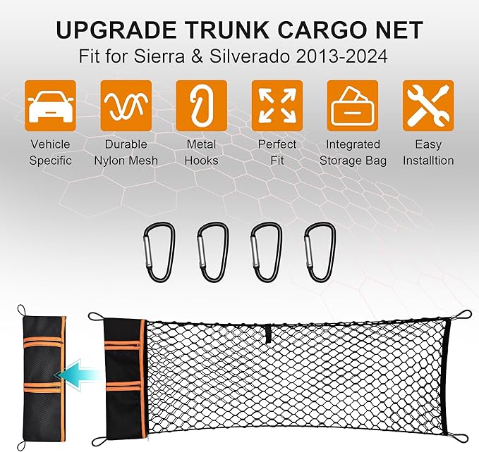 Envelope Style Truck Bed Cargo Net Compatible with GMC Sierra 1500 & Chevy Silverado 1500 2013-2024,Highly Elastic Truck Cargo Net for Silverado Accessories, Upgraded Storage Bag & 4.5mm Bungee