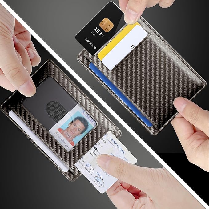 Travelambo Front Pocket Minimalist Leather Slim Wallet RFID Blocking Carbon Fiber Texture