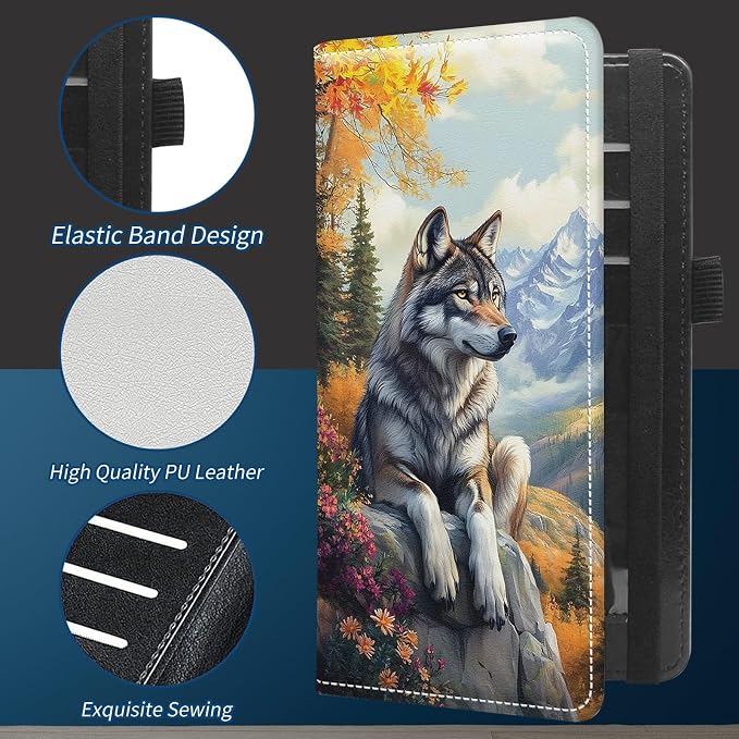 Check Book Cover for Personal Checkbook with Duplicate Checks for Women's & Men PU Leather Wallets Check Book Holder with Pen Card Slots Elastic Strap,Deep Forest Wolf