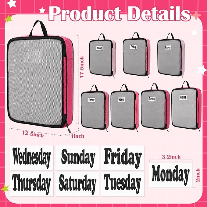7 Pcs Packing Cubes for Travel Days of Week Compression Packing Cube with Labels Organizers Luggage Storage Bag(Pink,Large)