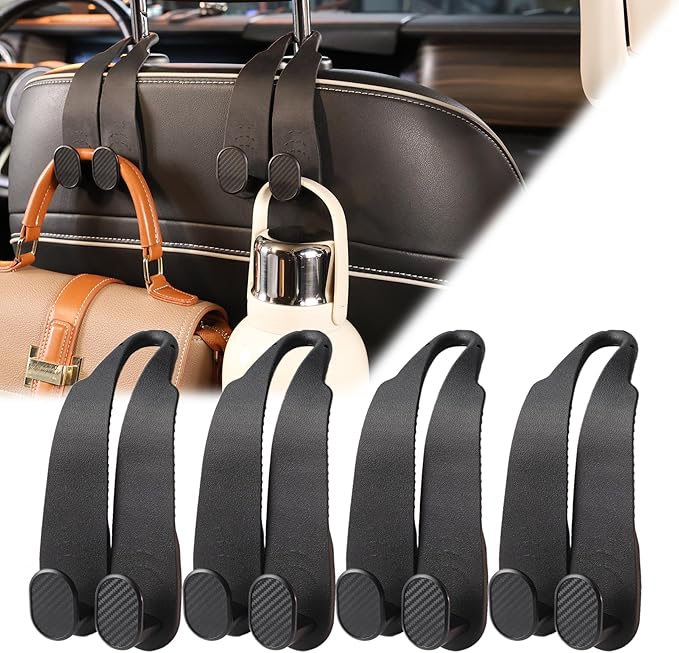 WEIHAO Purse Hook for Car Headrest, Silicone Car Seat Back Storage Hook, Twin Hooks Carbon Fiber Textured Car Headrest Hangers, Bag Holder for Sedan, Trucks, SUVs, Most Vehicles (Black-4PCS)