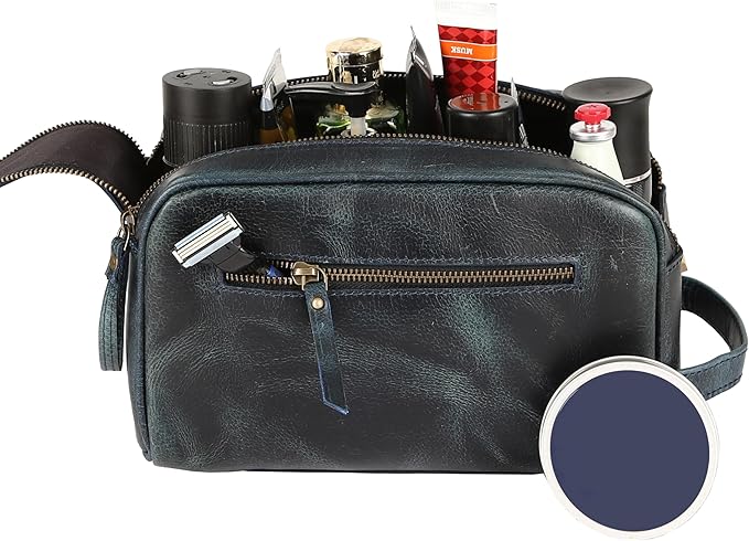 KomalC Travel Toiletry Bag – Premium Leather Dopp Kit for Men & Women with Water-Resistant Lining & Spacious Zippered Organizer