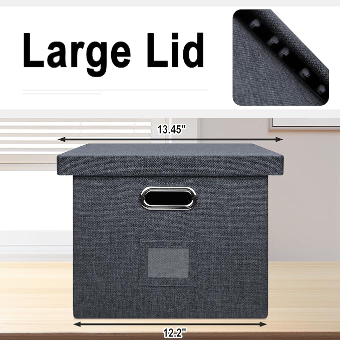 Graciadeco File Organizer, Collapsible Storage Filling Box with Lid for Letter Legal Size Hanging Folders Decorative Linen File Folder Box Document Storage Filing Bin, Dark Gray 2 Pack