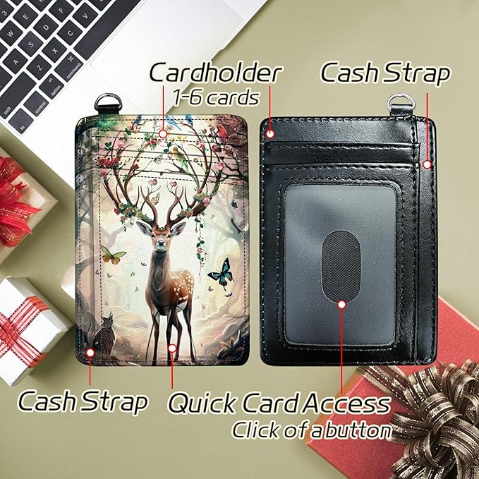 Small Travel Wallets, Decorative Deer Butterfly Slim Minimalist Front Pocket Wallet with Wristlet, RFID Blocking PU Leather Credit Card Holder with ID Window Change Purse for Men Women