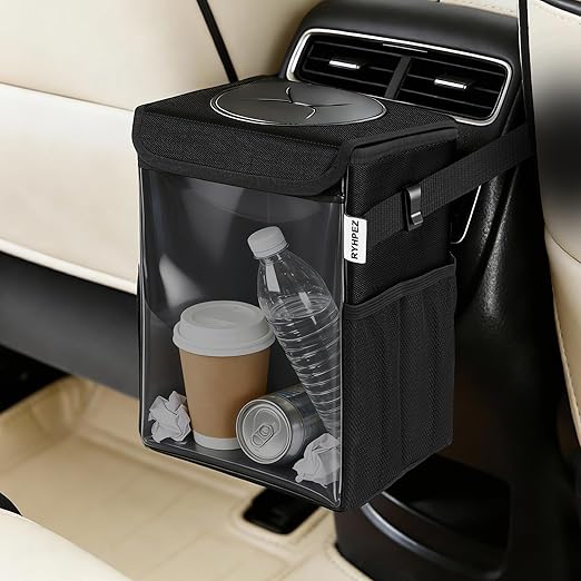 Ryhpez Car Trash Can with See Through Window, Clear Black Multipurpose Car Organizer Storage with Removable Liner, Leakproof Car Garbage Container for Vehicles, SUV, Truck (2.1Gallon/8L)