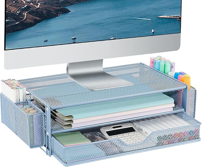 AUPSEN Computer Monitor Stands Riserï¼?-Tier Desk Organizers and Accessories, Office Desk Accessories Organizer with Drawers and 2 Pen Holder for Office Supplies (Blue)