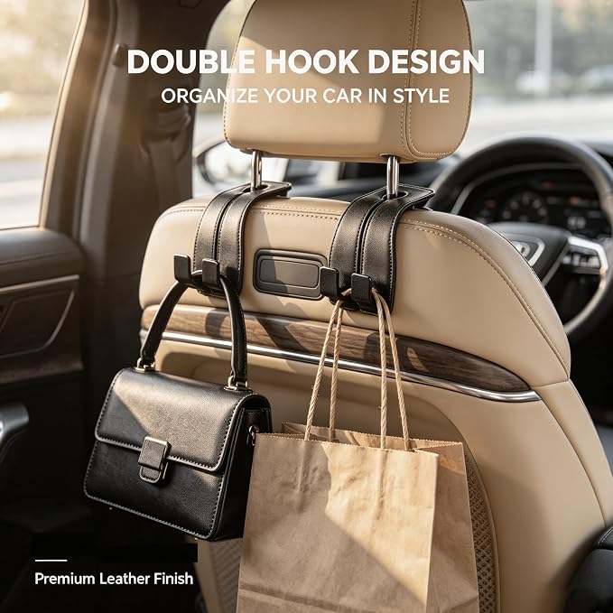 vidonio 4 Pack Leather Headrest Hooks for Car, Double Car Seat Back Storage Hook for Purses, Handbags and Grocery Bags, Heavy Duty Car Purse Holder, Universal Car Seat Headrest Hanger Accessories