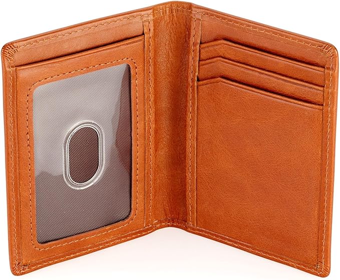 Stealth Mode Men's Slim Front Pocket Wallet - RFID Blocking, Thin Minimalist Bifold Design, Genuine Leather - ID Badge Window and 5 Sleeves for Money, Credit and Debit Cards, Driver's License - Brown