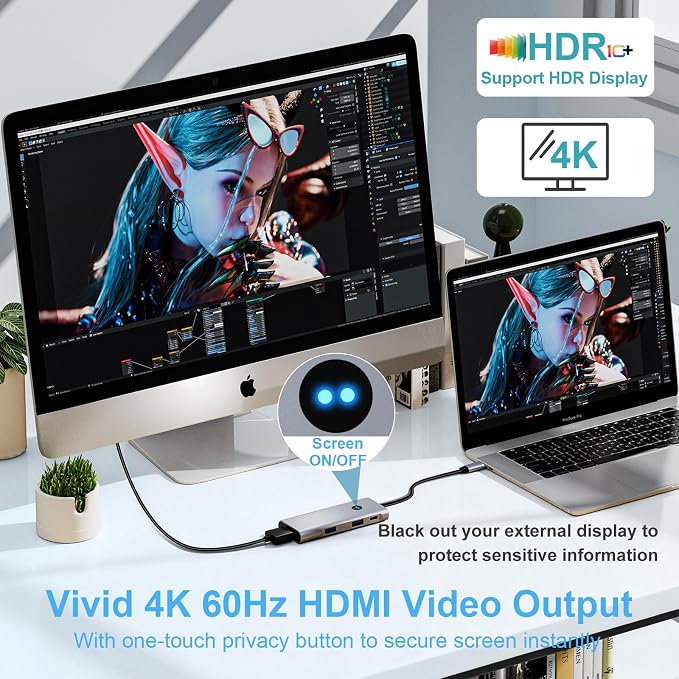 USB C Hub 6-in-1 with 4K@60Hz HDMI, 2 USB-C & 2 USB-A 10Gbps Ports, Privacy Button, 100W PD – Dual USB C Dongle for Mac Laptops, Tablets, Windows Laptops, and More USB-C Devices
