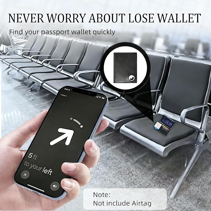 oriver Airtag Passport Holder with RFID Blocking, Slim Leather Passport Cover with AirTag Slot, Bifold Travel Wallet with 4 Cards Slots & Tickets & Cash, Black