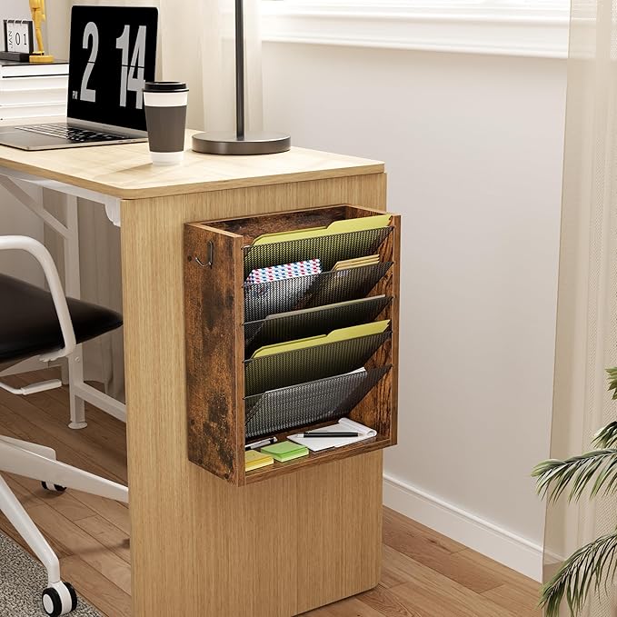 Mail Organizer Wall Mounted, 6-Tier Wall File Organizer with 2 Hooks, Wooden Desk Organizer Magazine Holder with Bottom Flat Tray, for Office Home, Rustic Brown