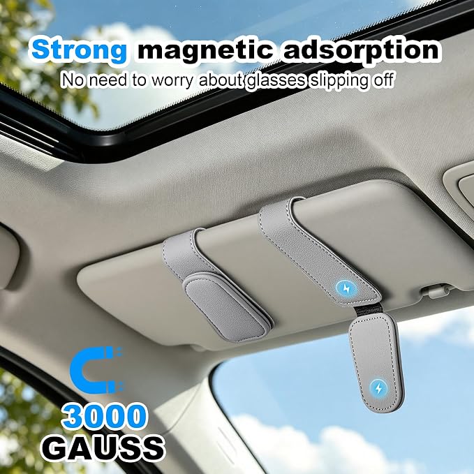 Sunglass Holder for Car Visor Magnetic Leather Visor Sunglasses Clip Eyeglass Hanger Clip for Car Sun Visor Grey 1 Pack