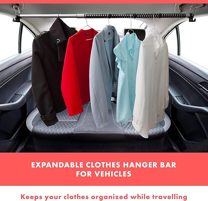 VaygWay Expandable Car Clothes Hanger Bar - Heavy Duty Metal Storage Suit Rod - Hanging Closet Organizer Rack Expandable to 62" - Portable Seat Rack Universal Fit for Van Truck RV SUV