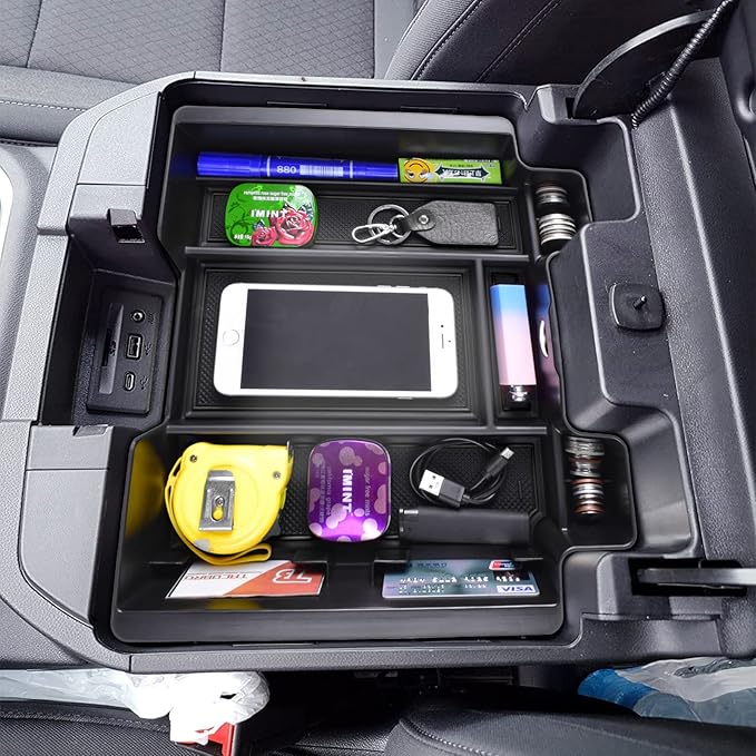 TACOBRO [Full-Coverage Center Console Organizer Compatible with 2019-2022 Chevy Silverado 1500/GMC Sierra 1500 and 2020-2023 Silverado/Sierra 2500/3500HD Accessories, Armrest Insert Tray,Black