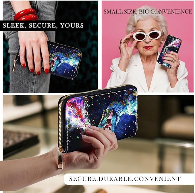 RFID-Blocking Zip Around Wallets for Women with Detachable Wrist Strap,Large Capacity Phone Holder with Card Organizer & Coin Pocket,Colorful Cool Dinosaur