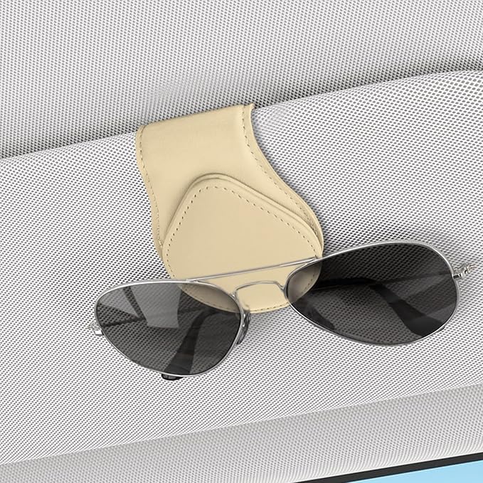 Magnetic Sunglass Holder for Car Visor, Sunglasses Visor Clip, Magnetic Leather Vehicle Glasses Ticket Card Clip, Automotive Eyeglass Hanger Organizer Accessories for Most Vehicles (Beige)