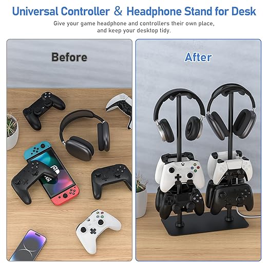 MANMUVIMO Headset Stand Controller Holder for 2 Headset and 8 Controller, Headphone Stand Gaming Controller Holder for PS5 Xbox Airpods Beats Bose, Gaming Room Accessories, Gamer Gifts for Men