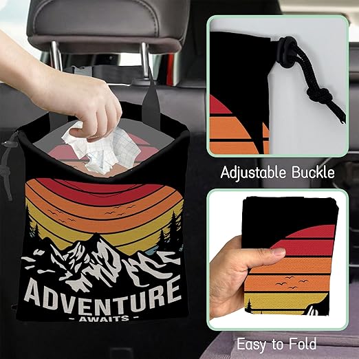 Adventure Mountain Car Trash Bag,Hanging Drawstring Car Garbage Bag,Waterproof Canvas Car Back Seat Organizer with Adjustable Buckle,for Vehicles,SUVs,Camping,Road Trips