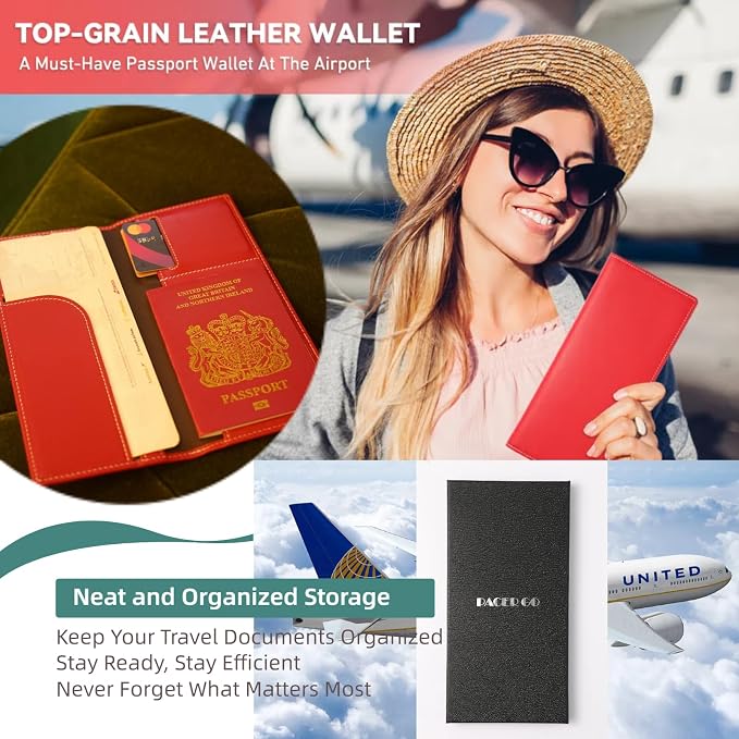 RFID Blocking Slim Minimalist Long Travel Wallet Genuine Leather Passport Holder Travel Cover (Black)