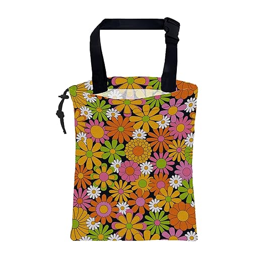 Car Garbage Bag Colorful Vintage Groovy Flowers Drawstring Car Trash Bag Hanging for Back Seat with Adjustable Buckle Canvas Vehicle Trash Can Easy-to-Install
