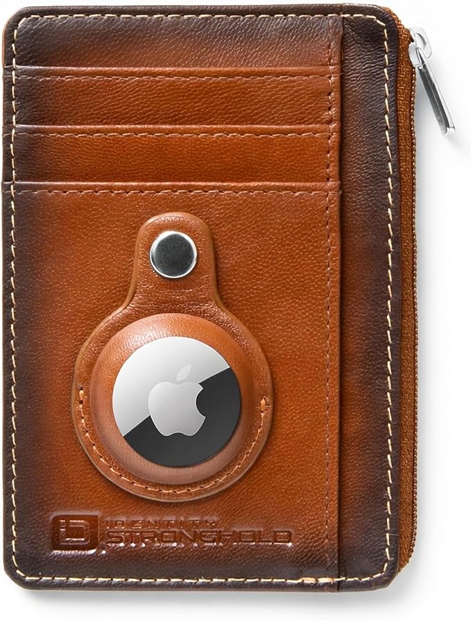 ID Stronghold RFID Blocking Front Pocket Wallet – Slim Minimalist Genuine Leather Wallet with Zipper Coin Pocket (Airtag Antiqued Brown)