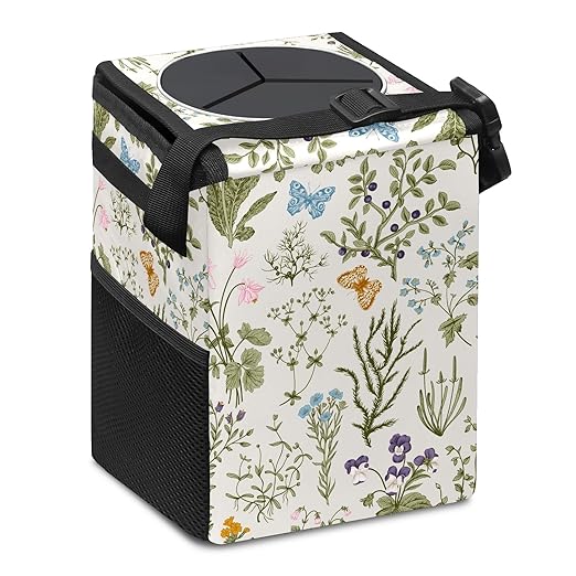 Car Trash Can with Lid Vintage Botanical Wildflowers Collapsible Reusable Leak-Proof Auto Garage Bag,Hanging Vehicle Car Accessories Interior Car Organizer
