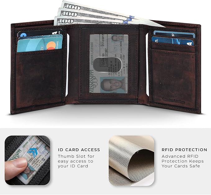 Tri fold Leather Wallet for Men with RFID | Slim Wallets for Men with 1 ID and 6 Credit card slots | Front Pocket Minimalist