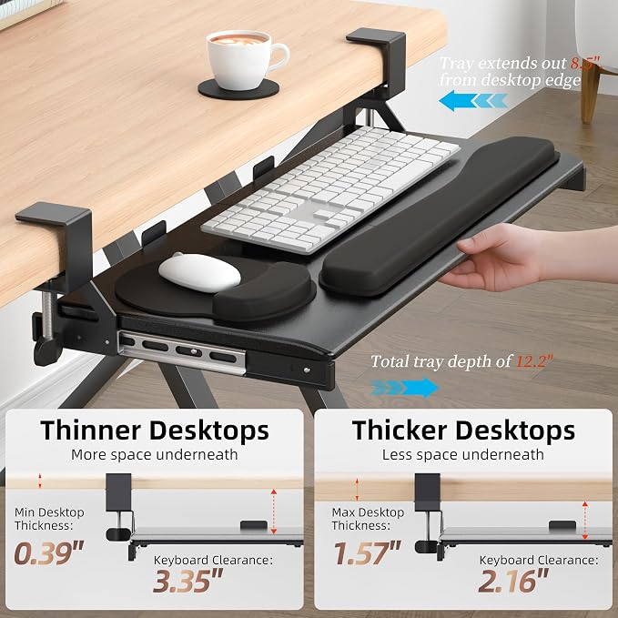 Keyboard Tray, 25 in. Pine Plastic, Keyboard tray Under Desk with Wrist Rest, Mouse Pad, Cup Mat, Lightweight Slide Out Tray, Easy Assemble Adjustable C clamp