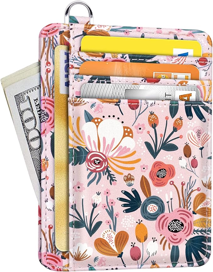Coco Rossi Slim Front Pocket Wallet RFID ID Card Holder Cute Small Wallet with Keychian for Women, Pink Flowers