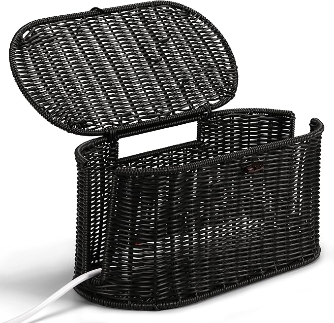 Handwoven Rattan Style Cable Management Box, Cord Organizer with Outlet Covers, Cord Hider Box for Power Strips, Cable Tidy Box for Desk, Floor and Home Organization