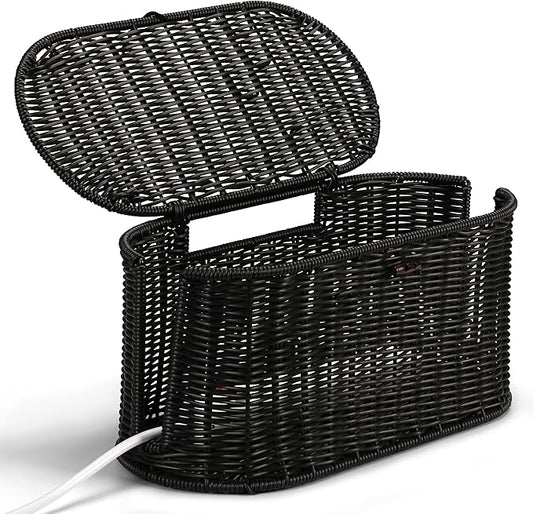 Handwoven Rattan Style Cable Management Box, Cord Organizer with Outlet Covers, Cord Hider Box for Power Strips, Cable Tidy Box for Desk, Floor and Home Organization