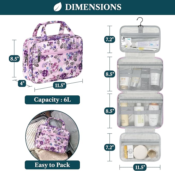 PAVILIA Hanging Toiletry Bag for Women, Large Foldable Travel Toiletry Organizer with Hook, Water Resistant Makeup & Cosmetic Case for Toiletries Skincare Shampoo, Dopp Kit Travel Bag (Purple Floral)