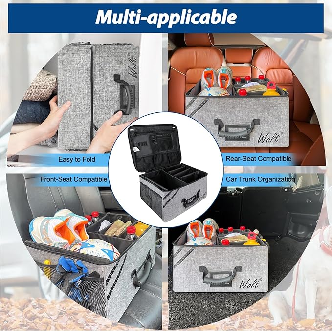 WOLT Car Trunk Organizer with Lid, Collapsible Multi Compartment SUV Organizer with Non-Slip Base Adjustable Straps