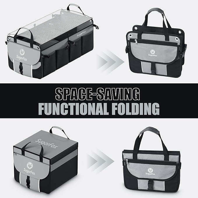 SugarFox Car Trunk Organizer for SUV - 63L+26L Modular Storage, Heavy-Duty, Foldable Waterproof, Soft & Hard Covers, Non-Slip, Multi-Compartment, Black M006