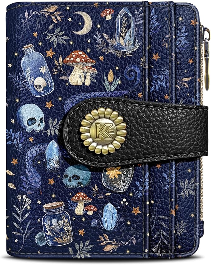 Kelvoris Skull Mushroom Snake Night Small Rfid Women Wallet Bifold Zipper Coin Pocket PU Leather Compact Cash Credit Card Holder Travel Wallet for Female Ladies Teen Girls 1 ID Window 10 Card Slots