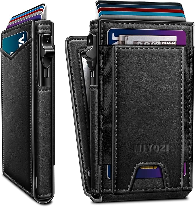 miyozi Wallet for Men, Slim Pop Up Card Holder - RFID Blocking Minimalist Bifold Wallet with ID Window, Holds 9-11 Cards & Stretchable Strap, Metal Flip Case with Magnetic Closure, Gift Box