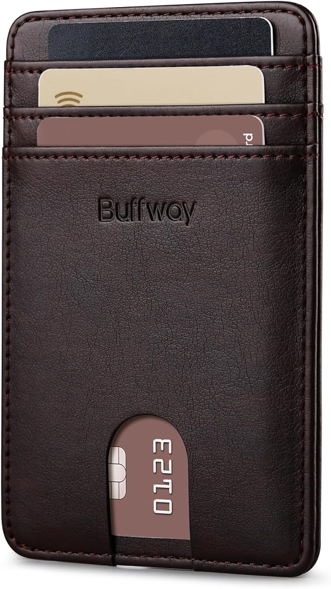 Buffway Mens Slim Wallet, Minimalist Thin Front Pocket Leather Credit Card Holder with RFID Blocking for Work Travel | Minimalist, Thin, Front Pocket, Credit Card Holder, RFID Blocking, for Work Travel