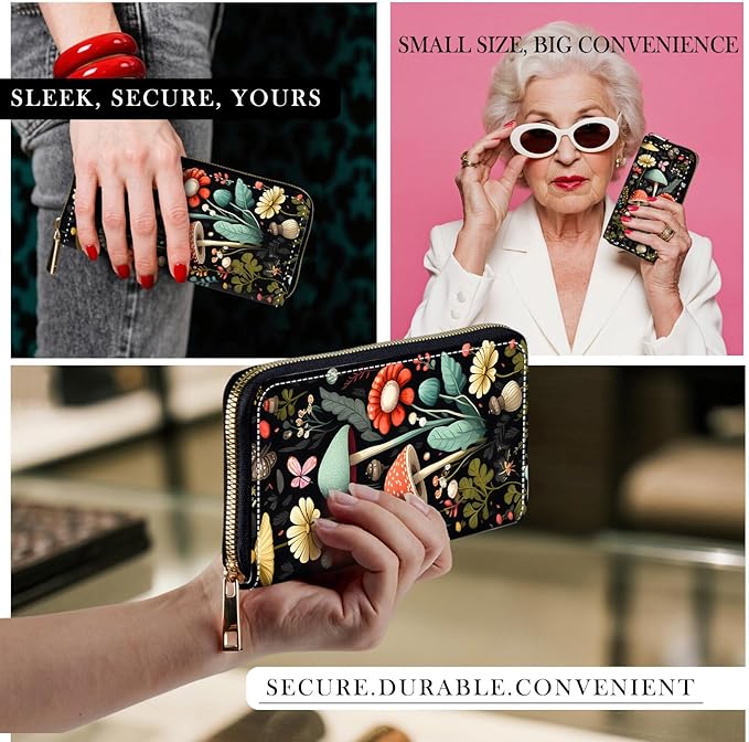 RFID-Blocking Zip Around Wallets for Women with Detachable Wrist Strap,Large Capacity Phone Holder with Card Organizer & Coin Pocket,Mushroom Forest