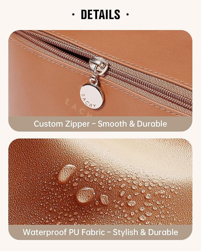 EACHY Travel Makeup Bag, Large Capacity Cosmetic Bag for Women, Waterproof PU Leather, Flat Open Portable Toiletry Bag for Skincare, Brushes & Travel Essentials