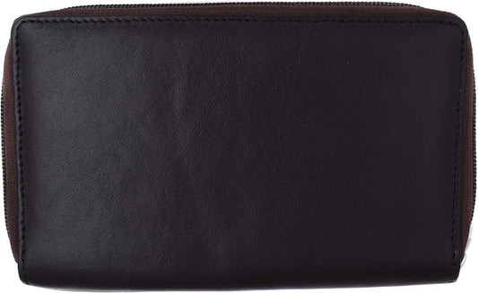 MARSHAL Genuine Leather Double Zipper Clutch Checkbook Wallet for Women #4575CF (RFID Brown)