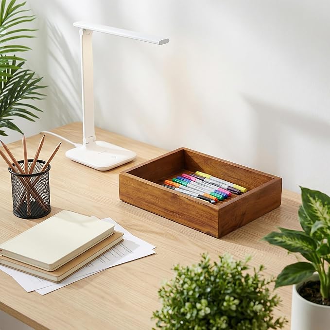 Demigo Acacia Wood Desk Organizer Tray - 9.5x6.7x2 Inch Letter & Stationery Holder for Office, Entryway, Desktop - Natural Wood Catchall for Pens, Mail, Keys