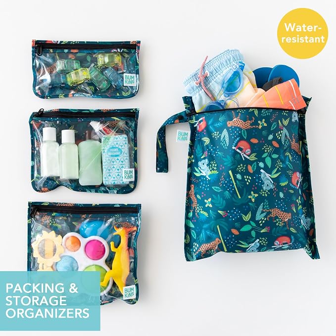 Bumkins - Waterproof Wet Bag & Clear Travel Bags - For Beach, Baby, Travel, Swim Suit, Cloth Diapers, Pump Parts, Pool, Gym, Toiletries - Reusable & Easy to Clean - Jungle - 4 Pack